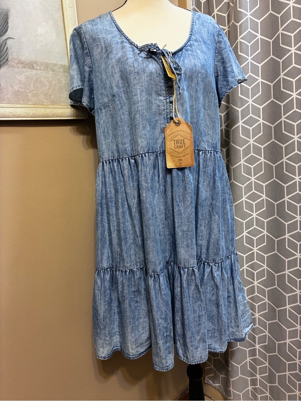 True Craft Blue Washed Tiered Short-Sleeve Dress